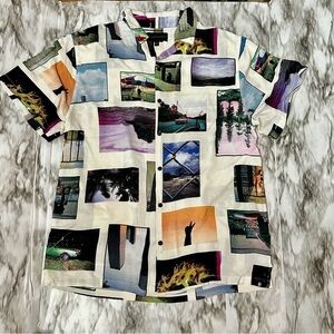 No Boundaries Colorful Graphic Button Down Shirt Post Card Print Lightweight